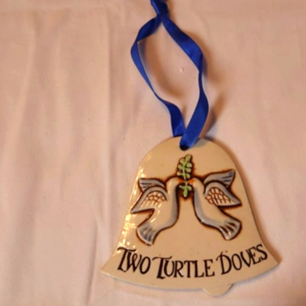 Two Turtle Doves Pottery Bell Shape Christmas Ornament 4"